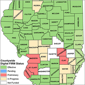 partial map of Illinois counties shaded in green, red, tan, and white