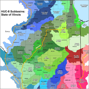 portion of Illinois map showing counties colored by whatersheds