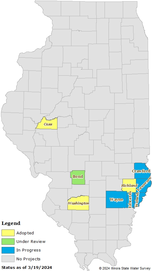 Illinois map with adopted, under review, and in progress counties highlighted